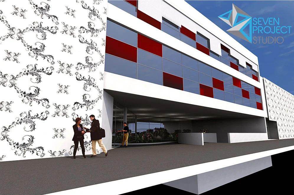 rendering della facciata di un capannone industriale a carpi - seven project studio di architettura
