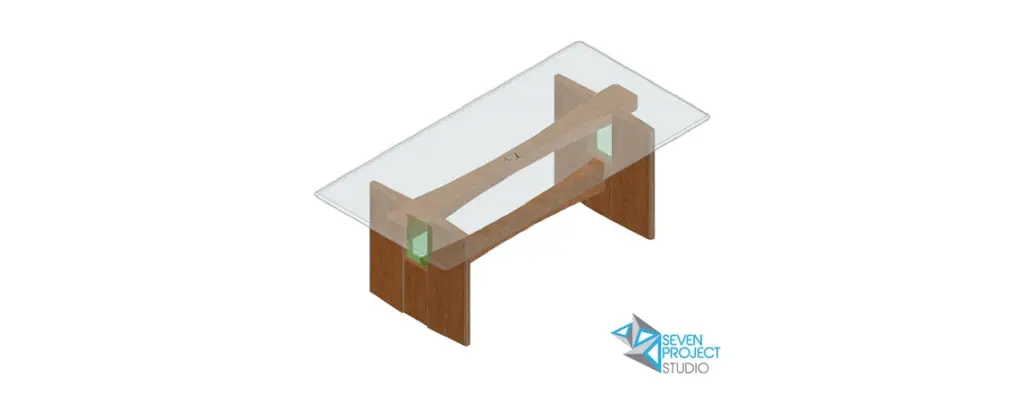 assonometria tavolo in legno e piano in vetro - progetto seve project