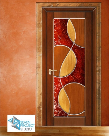 design originale di una porta in legno massello con vetrata - progetto del seven project