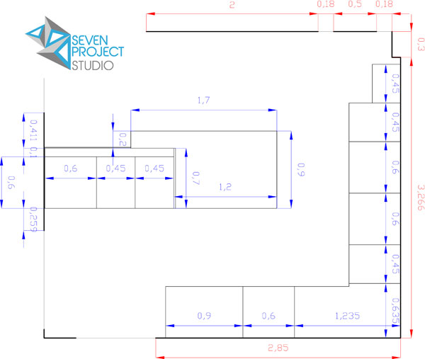 pianta dettagliata di una cucina su misura realizzata dall'architetto nicola vignapiano per il seven project studio