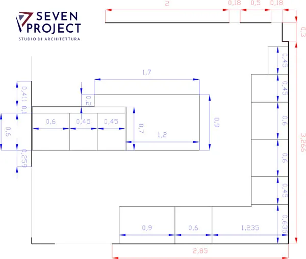 pianta dettagliata di una cucina su misura realizzata dall'architetto nicola vignapiano per il seven project studio