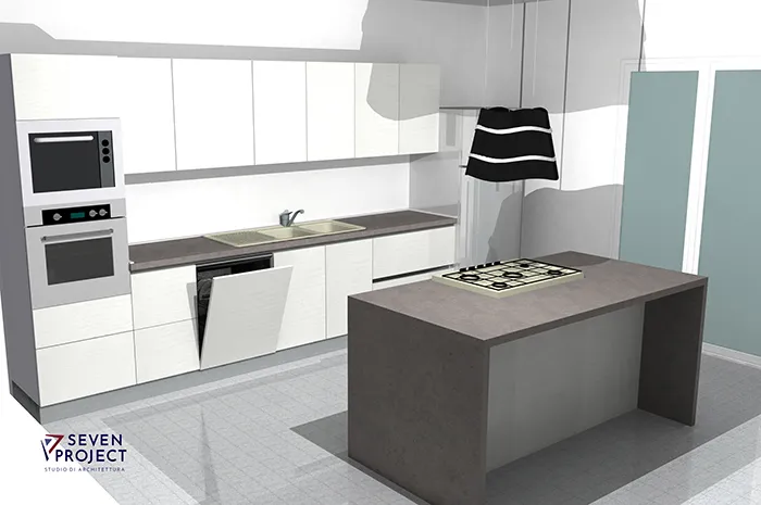 progetto di una cucina su misura con isola studio seven project