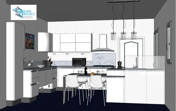 rendering 3d del progetto di una cucina personalizzata realizzato dal seven project studio