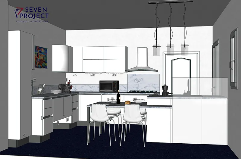 rendering 3d del progetto di una cucina personalizzata realizzato dal seven project studio