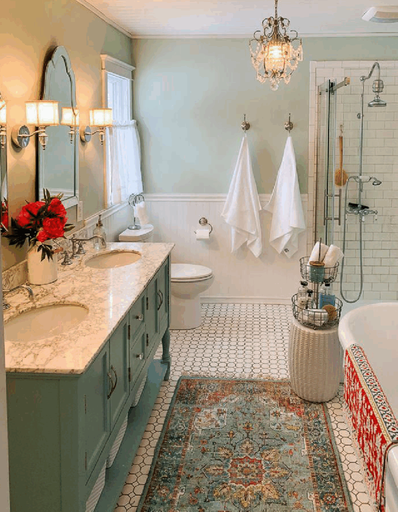 Eleganti stanze da bagno stile shabby con vasca da bagno