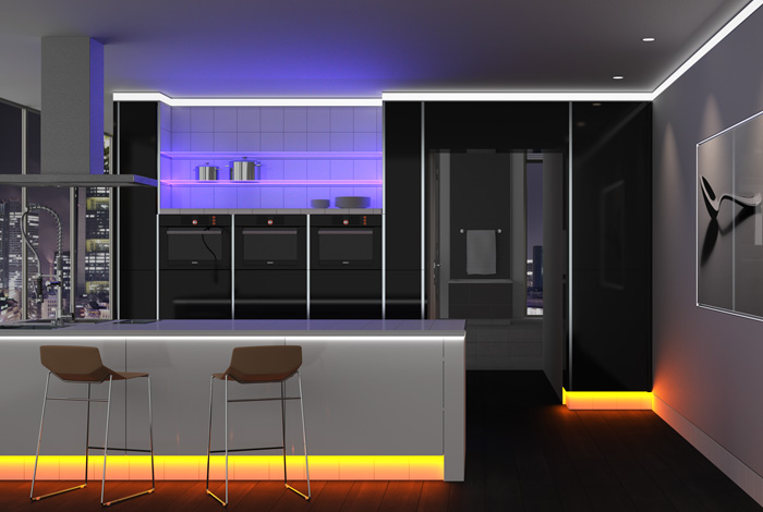 luci led per casa: cucina illuminata con led colorati