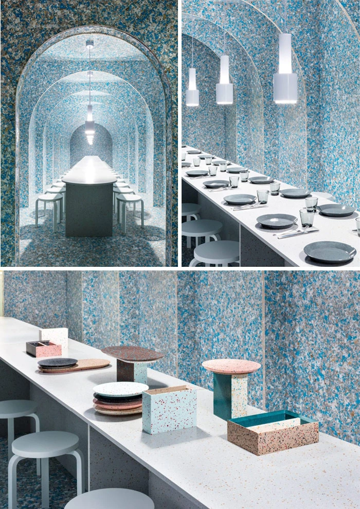 ristorante zero waste bistro realizzato con materiali riciclati di tetra pak e plastica