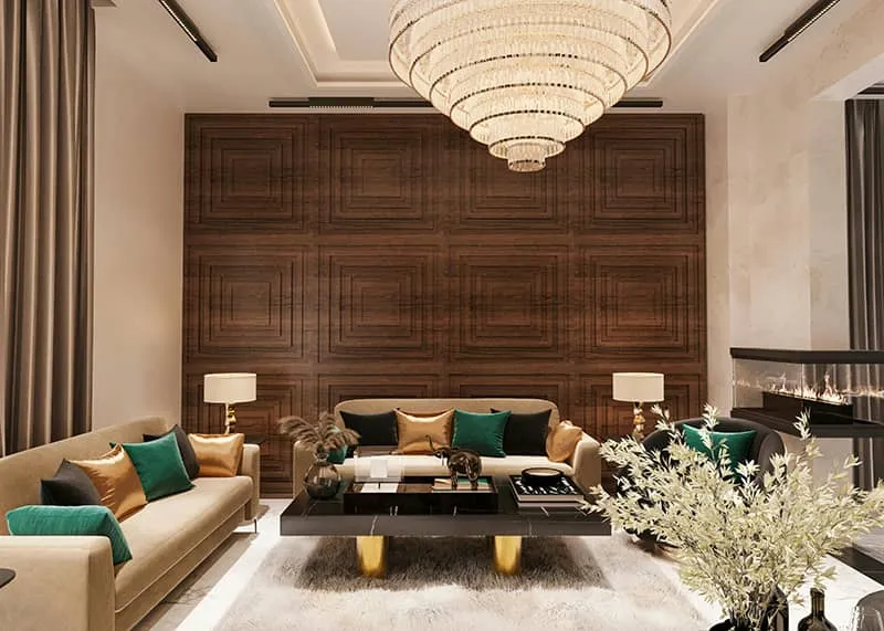 boiserie in legno moderna a tutta parete con motivi geometrici per soggiorno